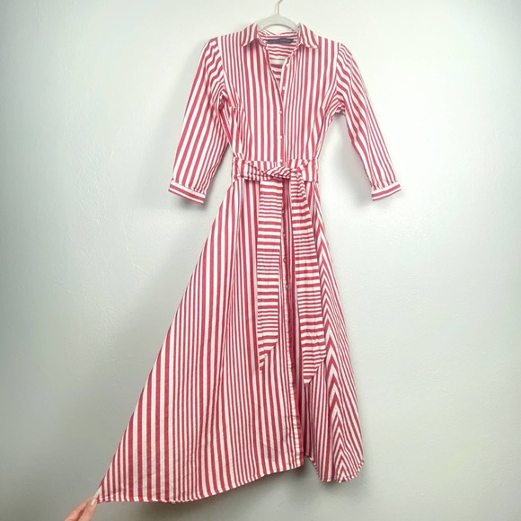Zara Woman Red and White Stripe A-Line Shirt Dress Maxi Tie Waist Womens S - Picture 2 of 13